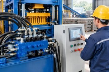 Close-up of the hydraulic manifold and PLC control panel on the QMY6-25 mobile block machine
