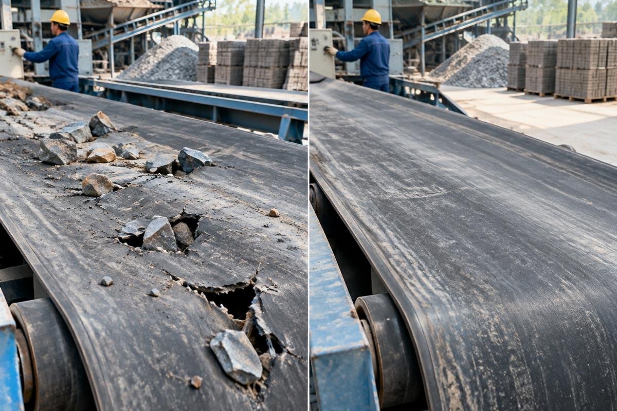Close-up photo of a damaged conveyor belt surface showing punctures from sharp aggregate rocks versus a worn but intact belt