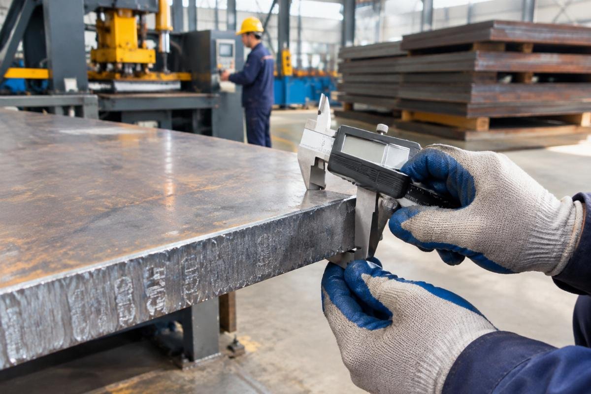 Close-up photo of steel plate edge showing mill stamp and thickness measurement