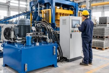 Close-up view of a hydraulic power unit and PLC cabinet in a block machine