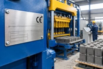 Close-up view of a metal nameplate on an interlocking block machine showing model number and CE marking