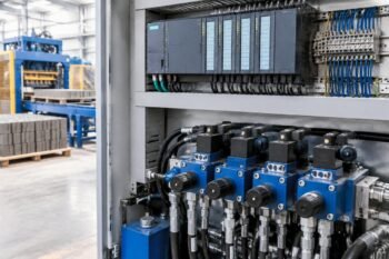 Close-up view of a Siemens PLC module and hydraulic valve bank inside the control cabinet of a block making machine