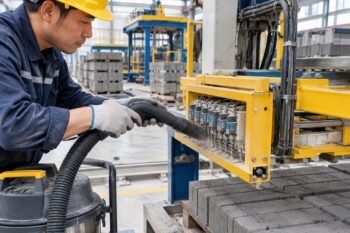 Close-up view of a technician using an industrial vacuum to remove fly ash dust from the sensor array of a Shiyue block palletizer