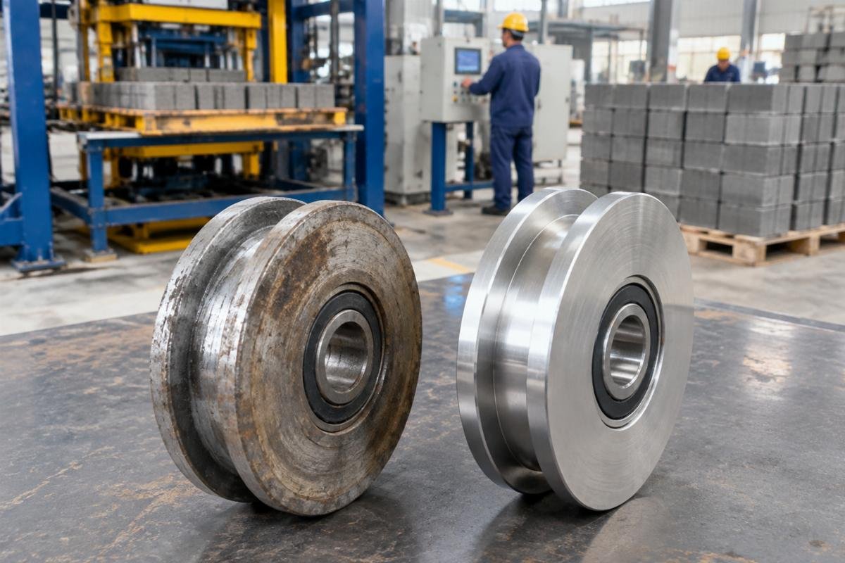 Close-up view of a worn cutting wire guide wheel compared to a new one