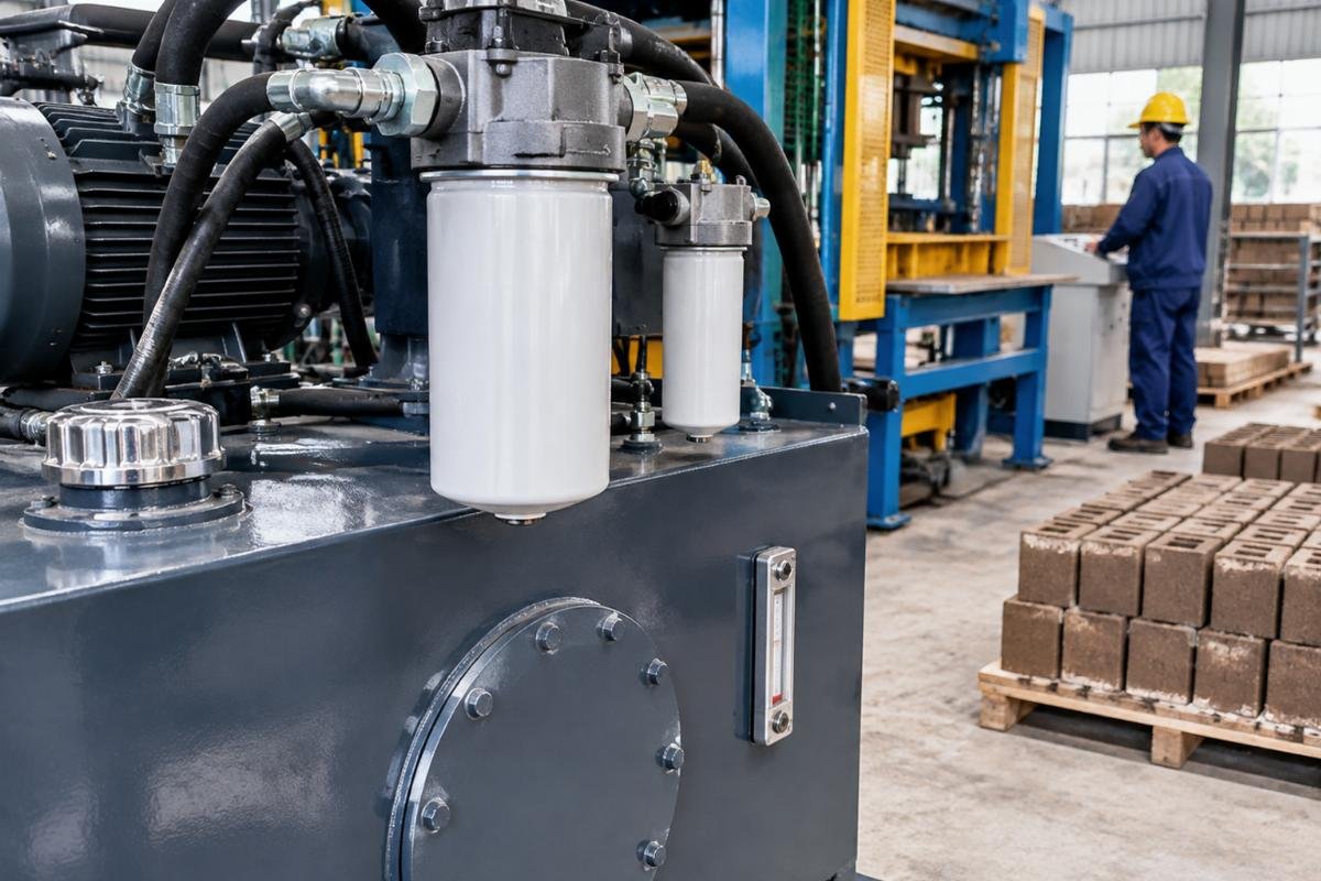 Close-up view of hydraulic oil filter and reservoir on a compressed earth block machine