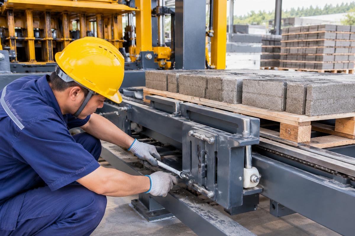 Close-up view of pallet guide clearance adjustment on a mobile block machine