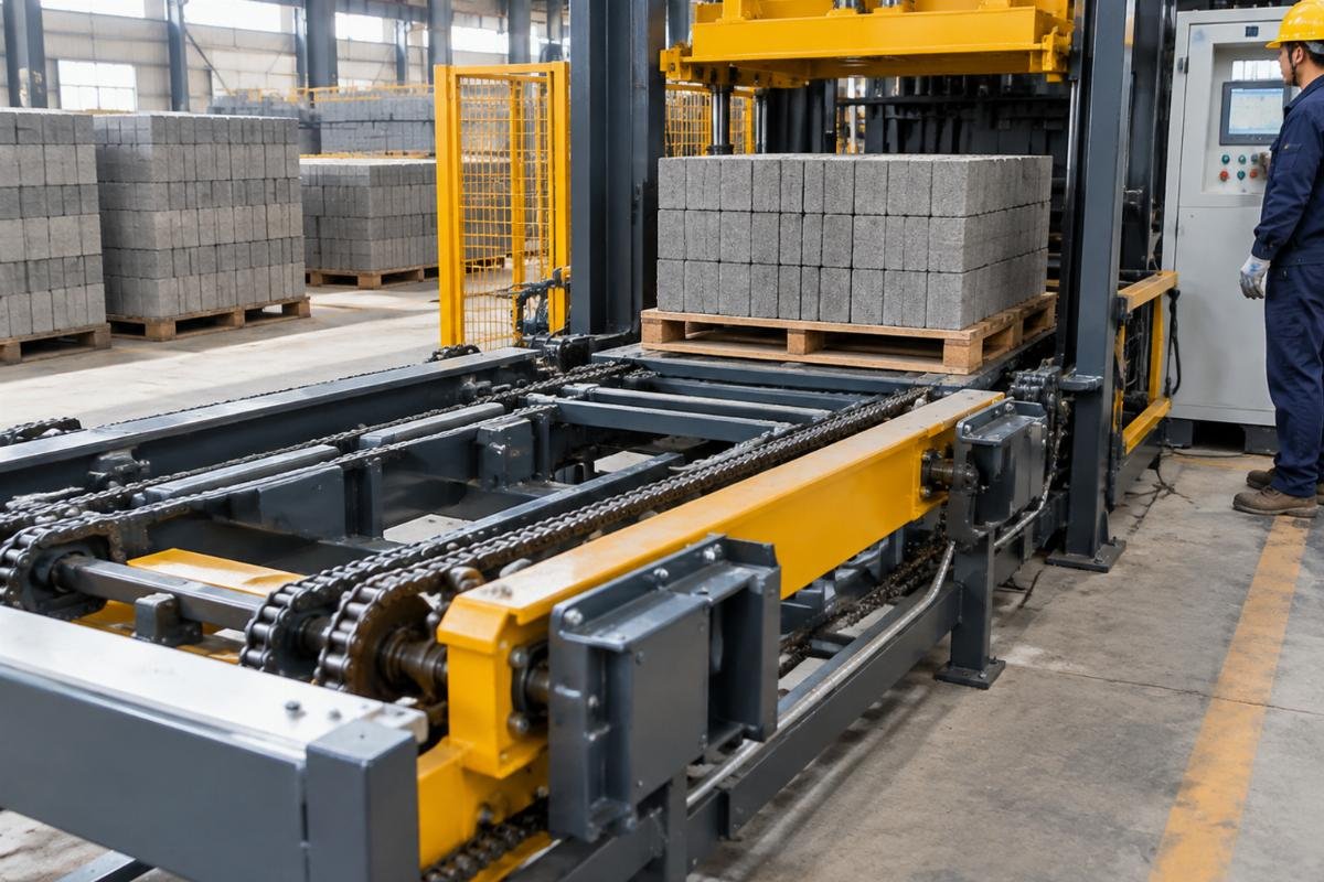 Close-up view of the pallet return mechanism and conveyor system in an automatic block machine