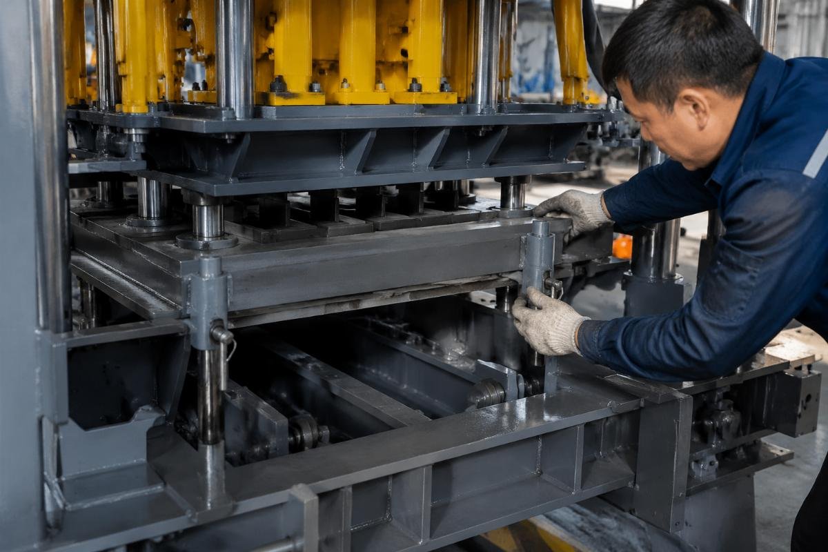 Close-up view of the quick-change mold system and positioning pins on the QMY10-15 mobile block machine