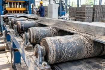 Close-up view of worn conveyor rollers and dust accumulation on a block plant conveyor system