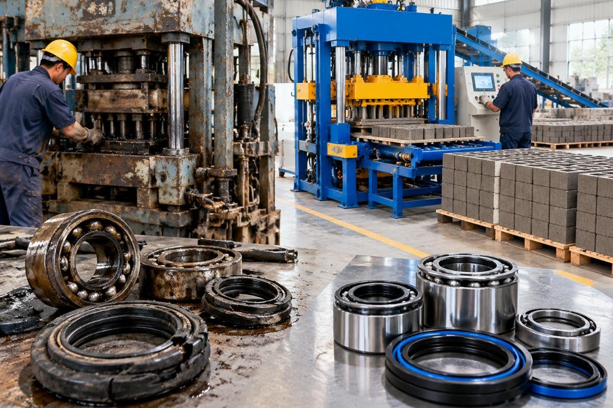Close up view of worn hydraulic seals and bearings on an old block machine compared to new components on a modern unit