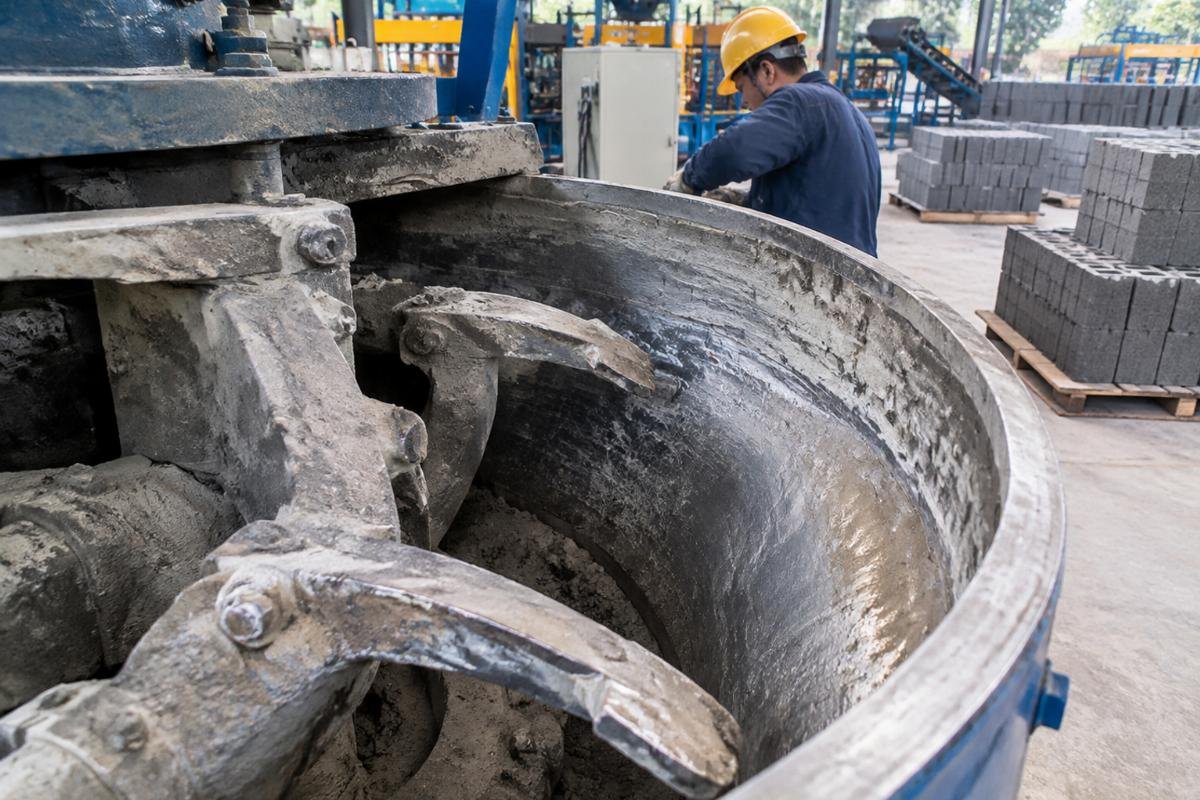 Close-up view of worn mixer blades and liners in a concrete block machine showing significant thickness reduction