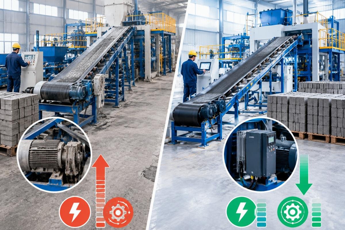 Comparison graphic showing energy savings and wear reduction with VFD equipped conveyors