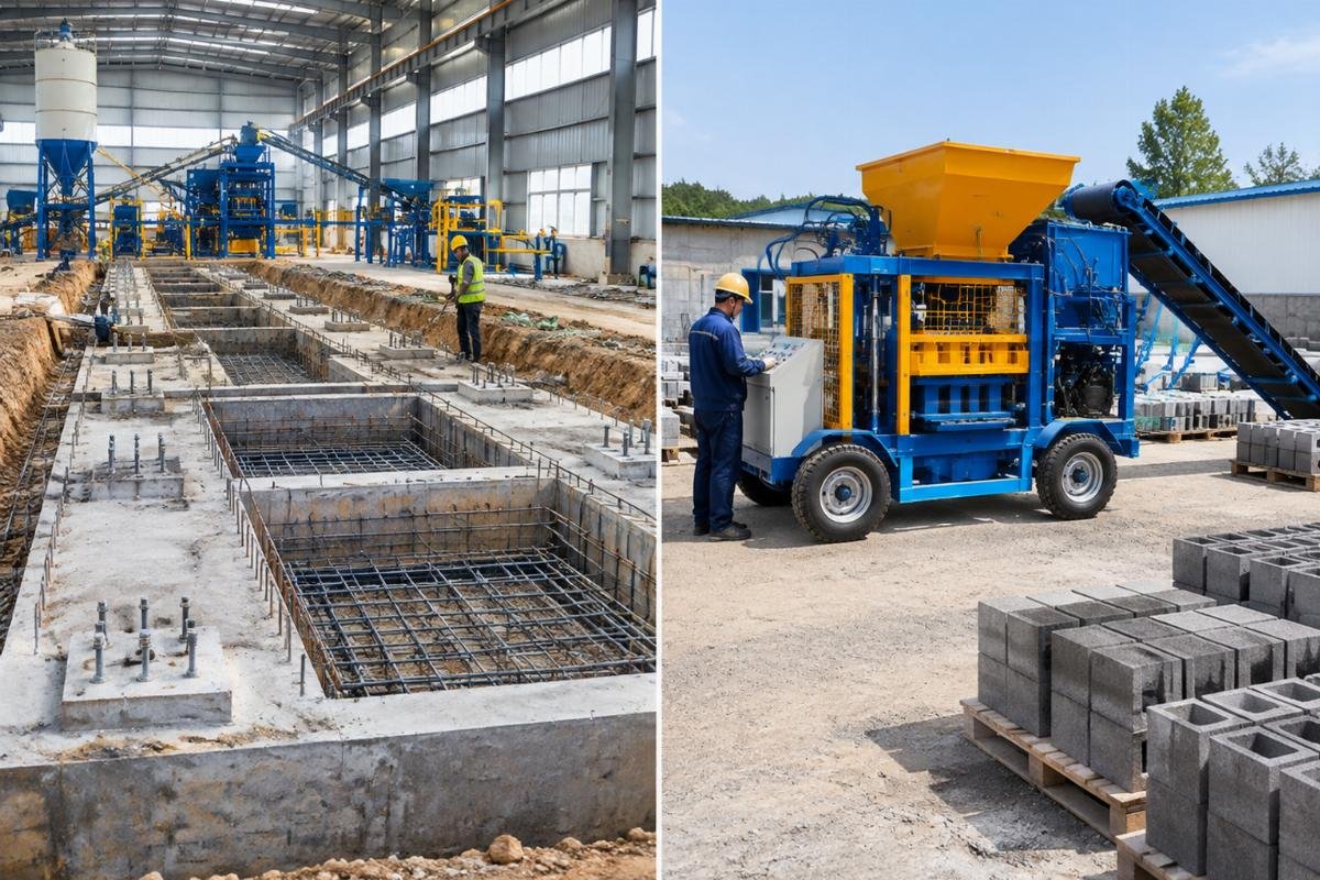 Comparison image showing the extensive foundation work for stationary lines versus the minimal ground preparation for the QMY10-15 mobile block machine