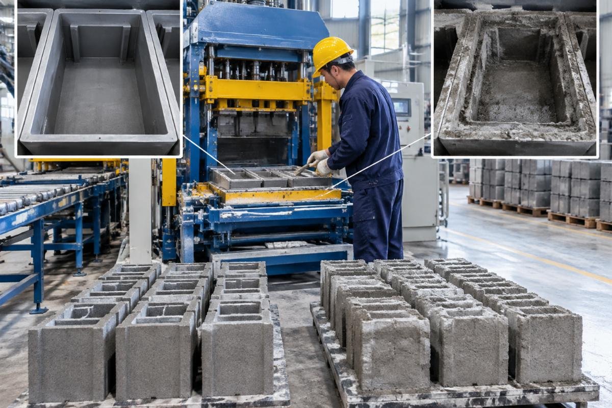 Comparison of a clean mold cavity versus one with accumulated concrete residue affecting block dimensions