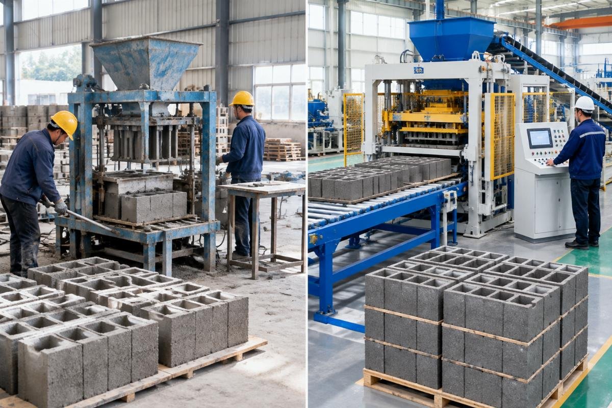 Comparison of an older manual block making line versus a modern automated PLC controlled hollow block machine showing differences in control panels and molding systems