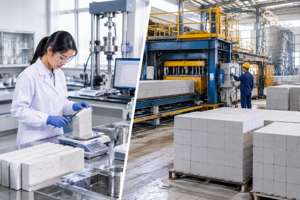Comparison of idealized lab test conditions versus real-world factory floor variables affecting AAC production