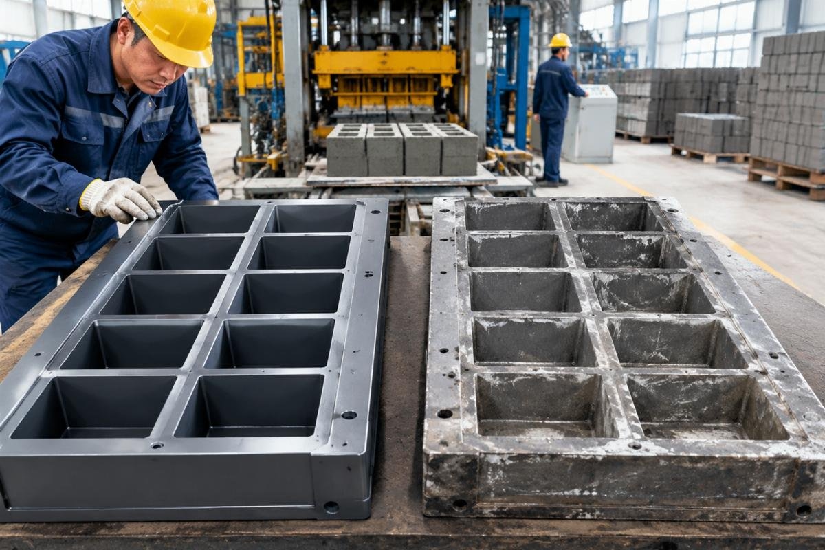 Comparison of new and worn mold liners showing signs of abrasion and wear