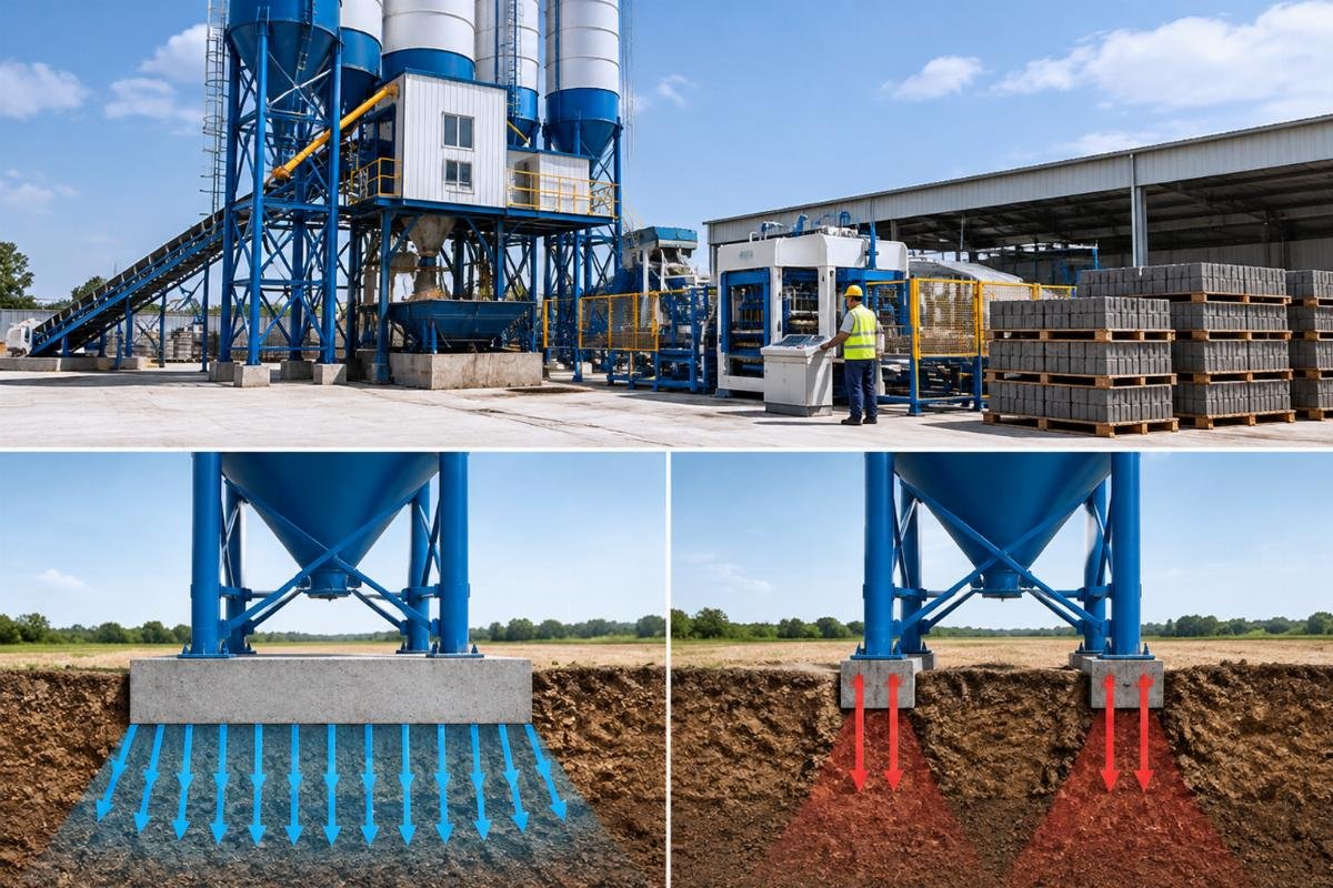 Comparison of silo foundation load distribution diagrams showing proper vs improper weight transfer