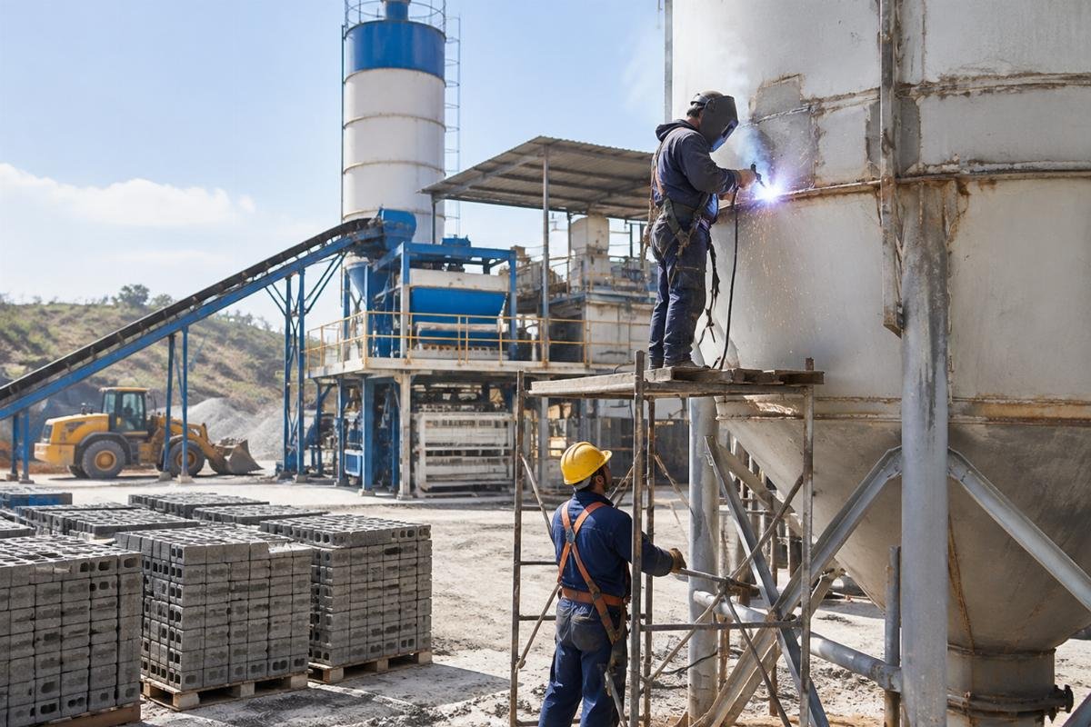 Construction workers performing emergency welding modifications on a cement silo at a dusty job site