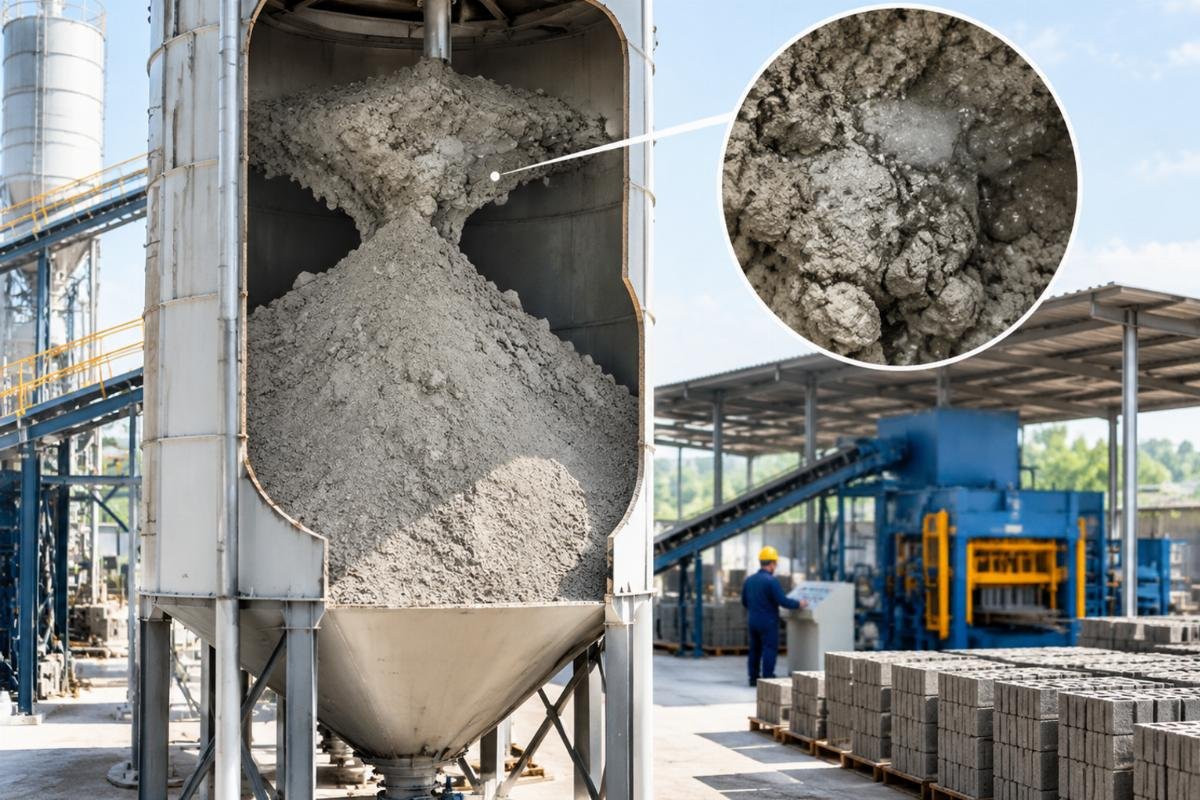 Cross-section illustration of cement bridging and clumping inside a silo due to moisture absorption