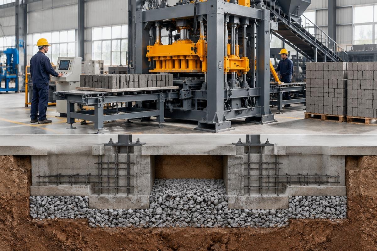 Cross-section view of a reinforced foundation designed for heavy vibration machinery