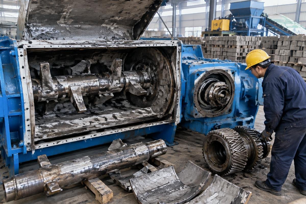 Damaged mixer shaft and gearbox resulting from prolonged operation with worn blades and liners