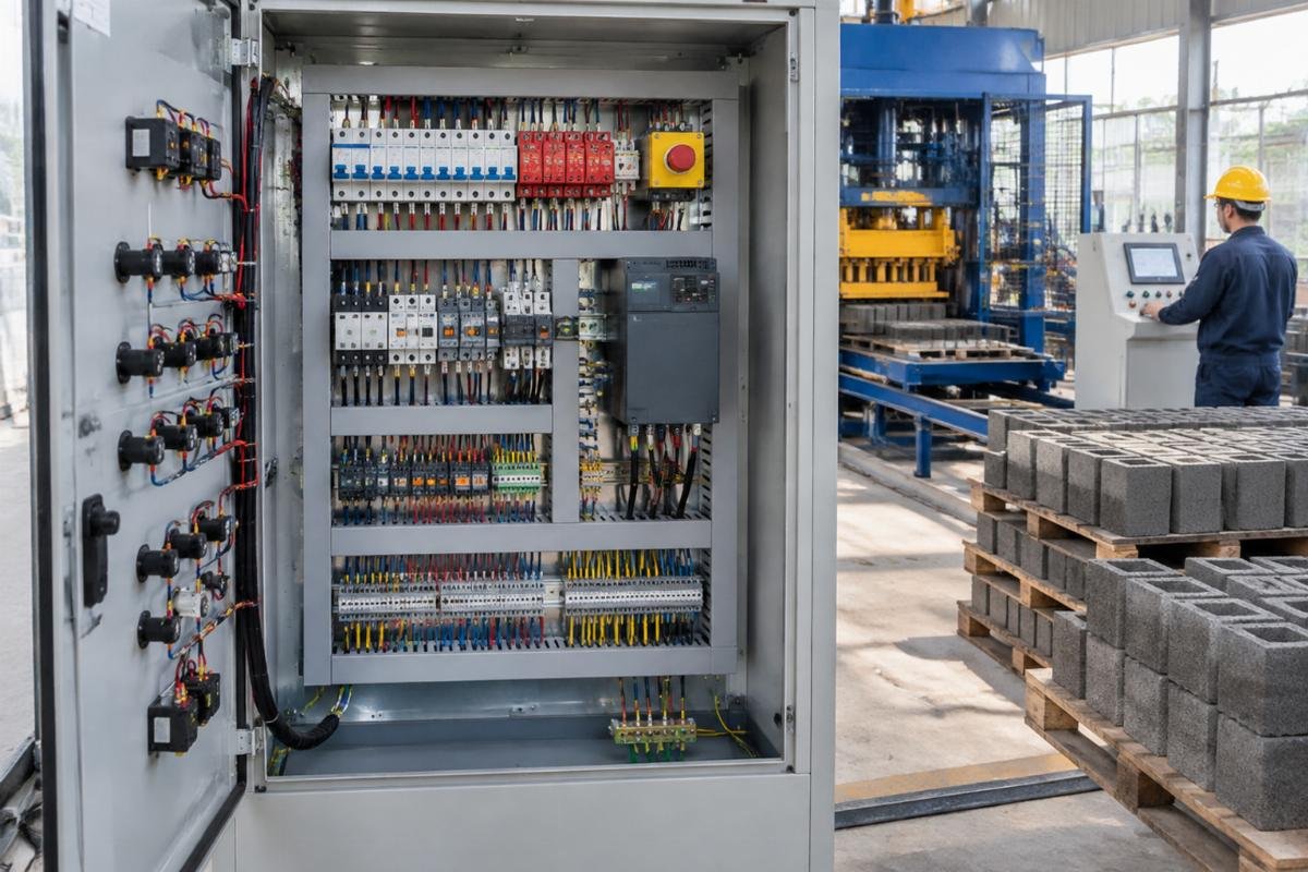 Detailed electrical schematic of a block machine control panel showing safety circuits