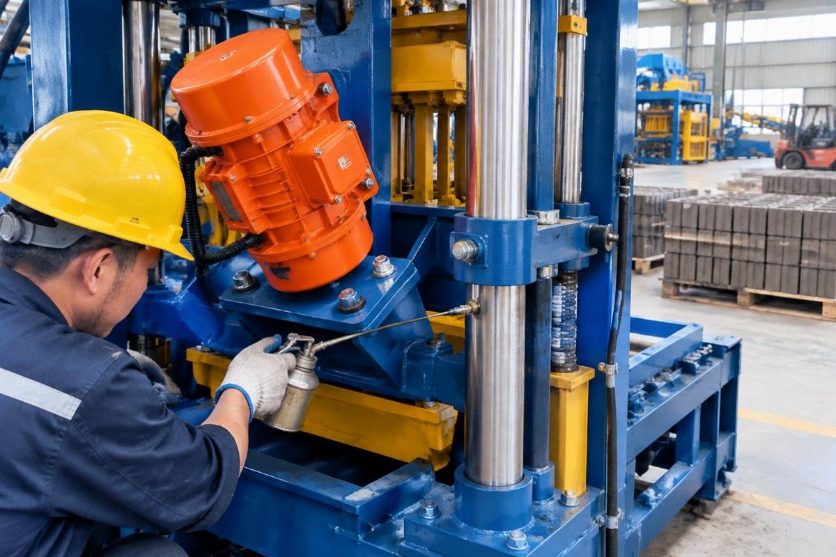 Detailed view of vibration motor mounting bolts and guide column lubrication points