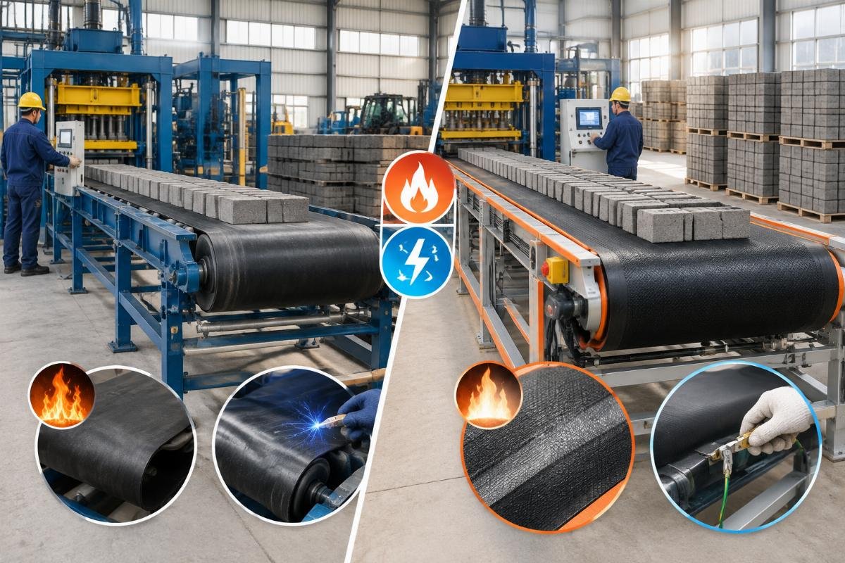 Diagram illustrating the difference between standard CE compliance and cCSA certified belt conveyor safety requirements for fire and static resistance