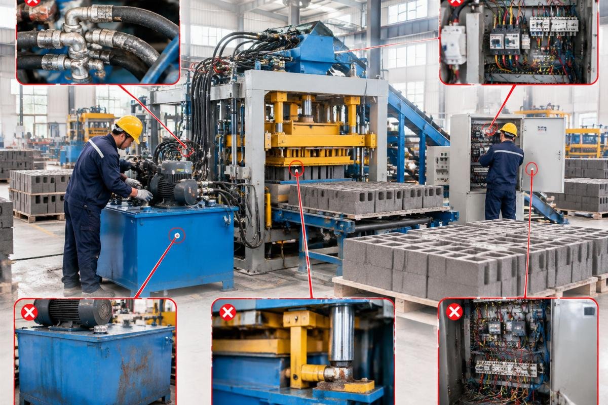 Diagram showing common compliance pitfalls in hydraulic and electrical systems of block making machines