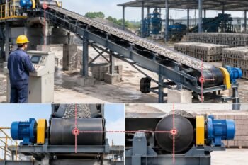 Diagram showing correct centerline alignment of head and tail pulleys on an aggregate conveyor system