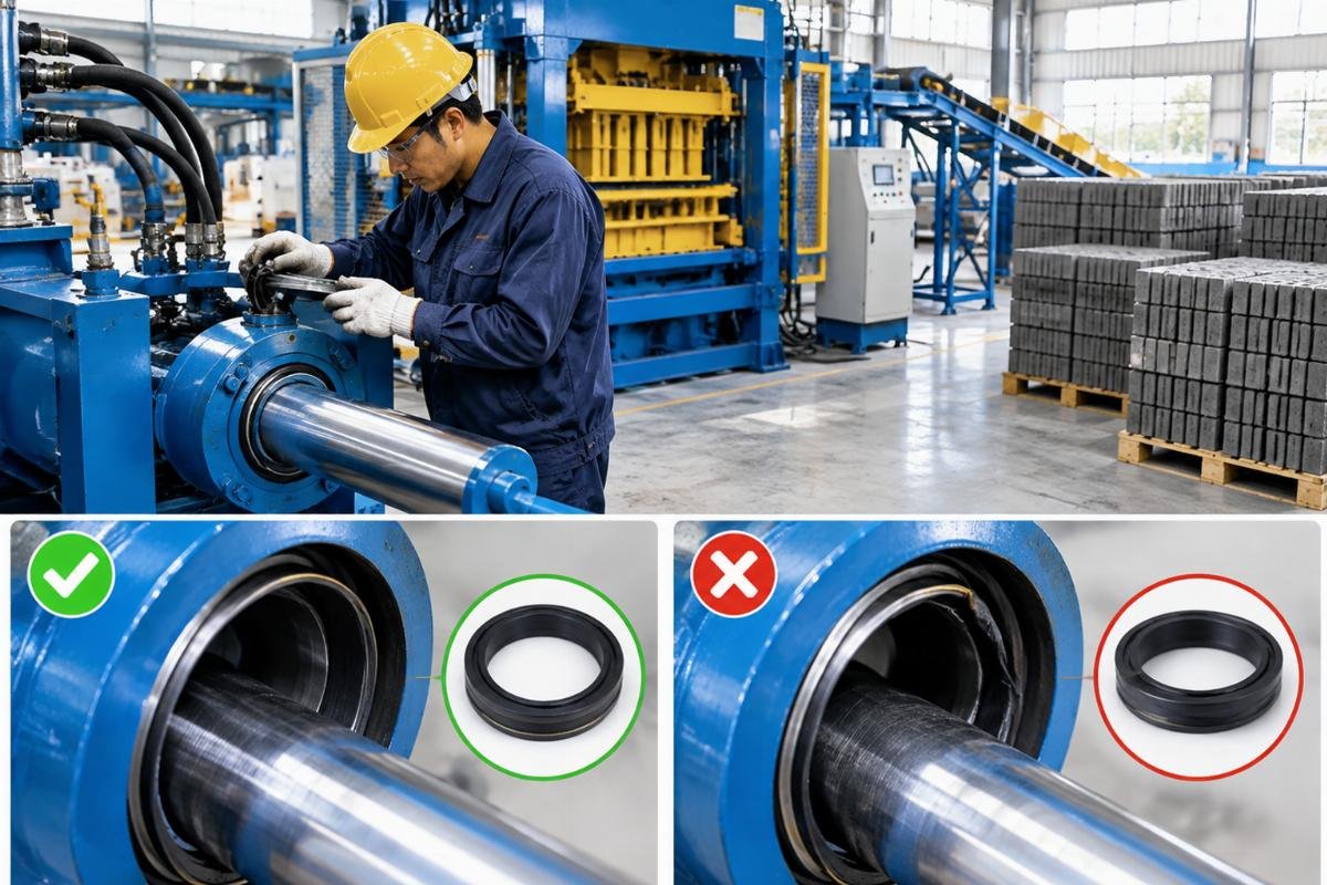 Diagram showing correct vs incorrect hydraulic seal installation in a block machine cylinder