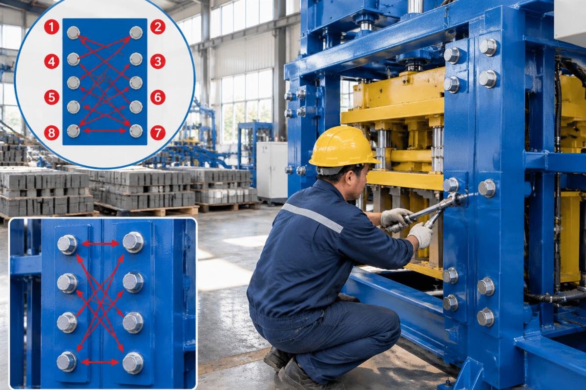Diagram showing cross-pattern bolt tightening sequence on machine frame