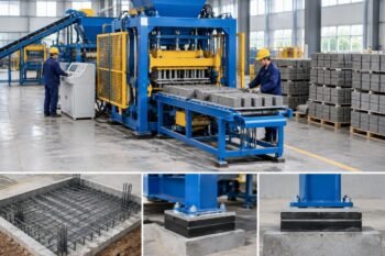 Diagram showing proper foundation reinforcement and isolation pads for a QT15 Fully Automatic Curbstone Machine
