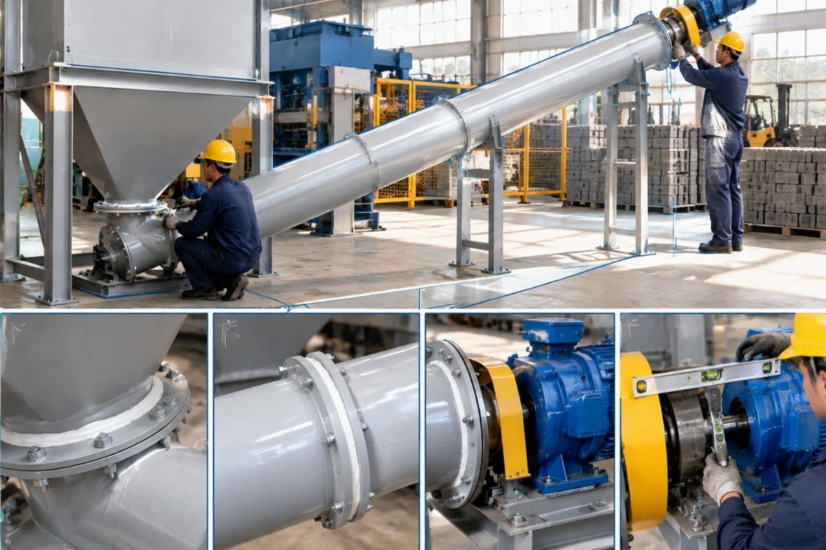 Diagram showing proper sealing techniques and shaft alignment for a cement screw conveyor installation