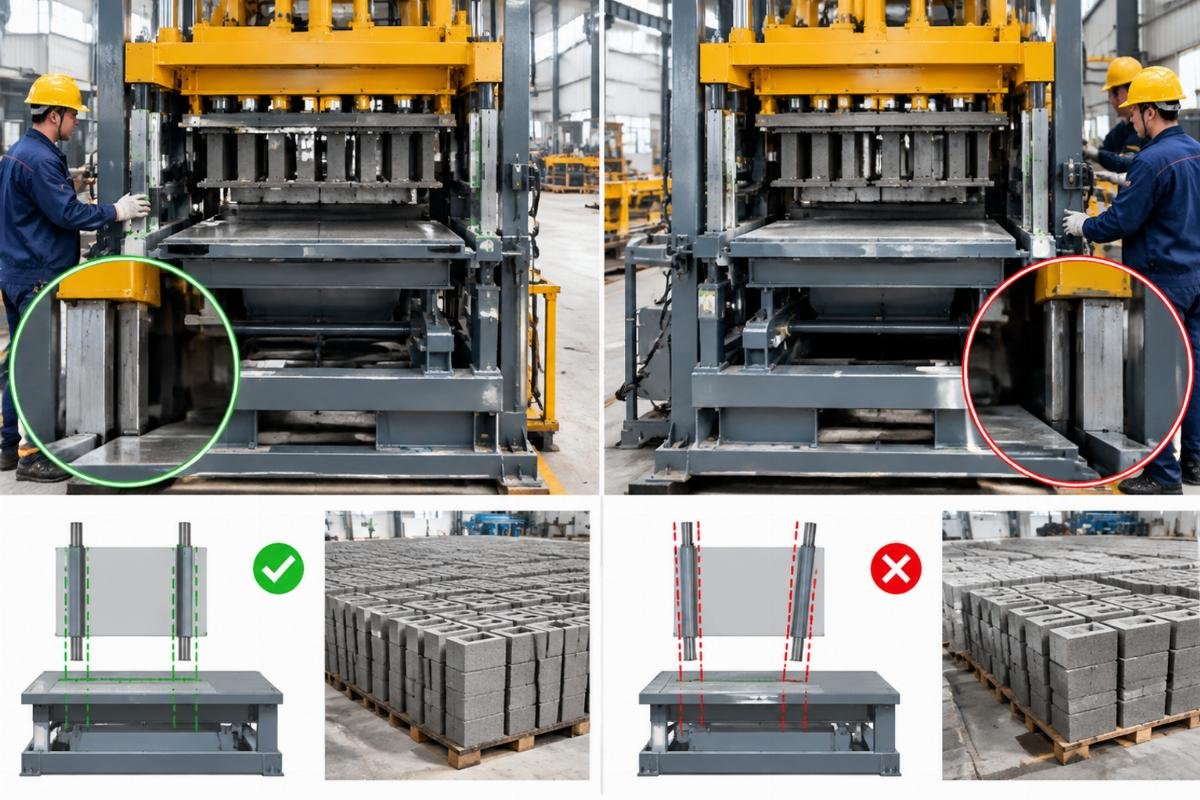 Diagram showing the difference between aligned and misaligned mold guides relative to the vibration table