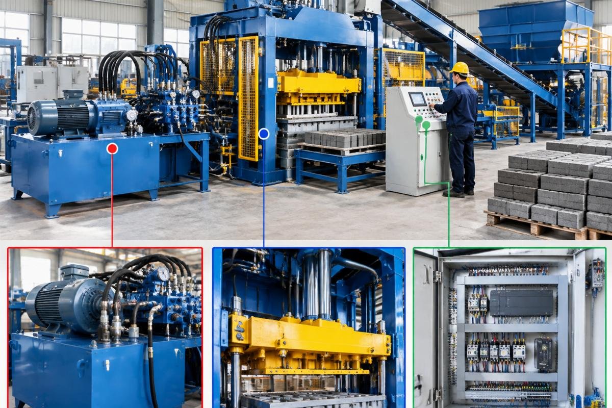 Diagram showing the internal hydraulic and PLC components of a fully automatic block machine with labels for key inspection points