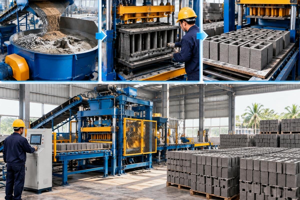 Diagram showing the mixing process and mold assembly of a concrete block machine, relevant to selecting a Hollow Block Machine for Sale in Dominican Republic