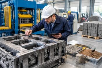Engineer inspecting mold geometry and soil sample compatibility for concrete block machine OEM customization