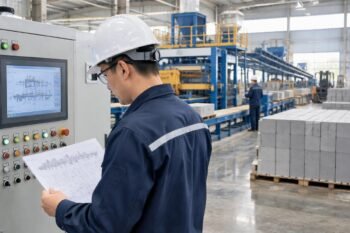 Engineer reviewing AAC block line technical data sheet against actual plant control panel readings