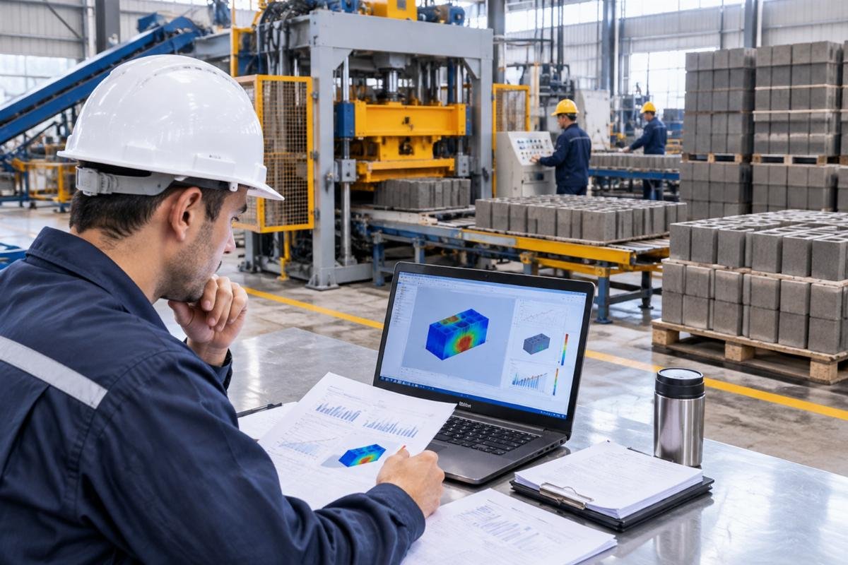 Engineer reviewing factory test reports and simulation data for a block machine