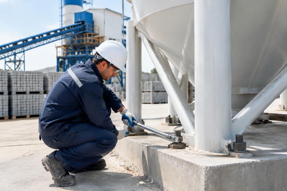 Engineer using a torque wrench to check anchor bolts on a cement silo foundation