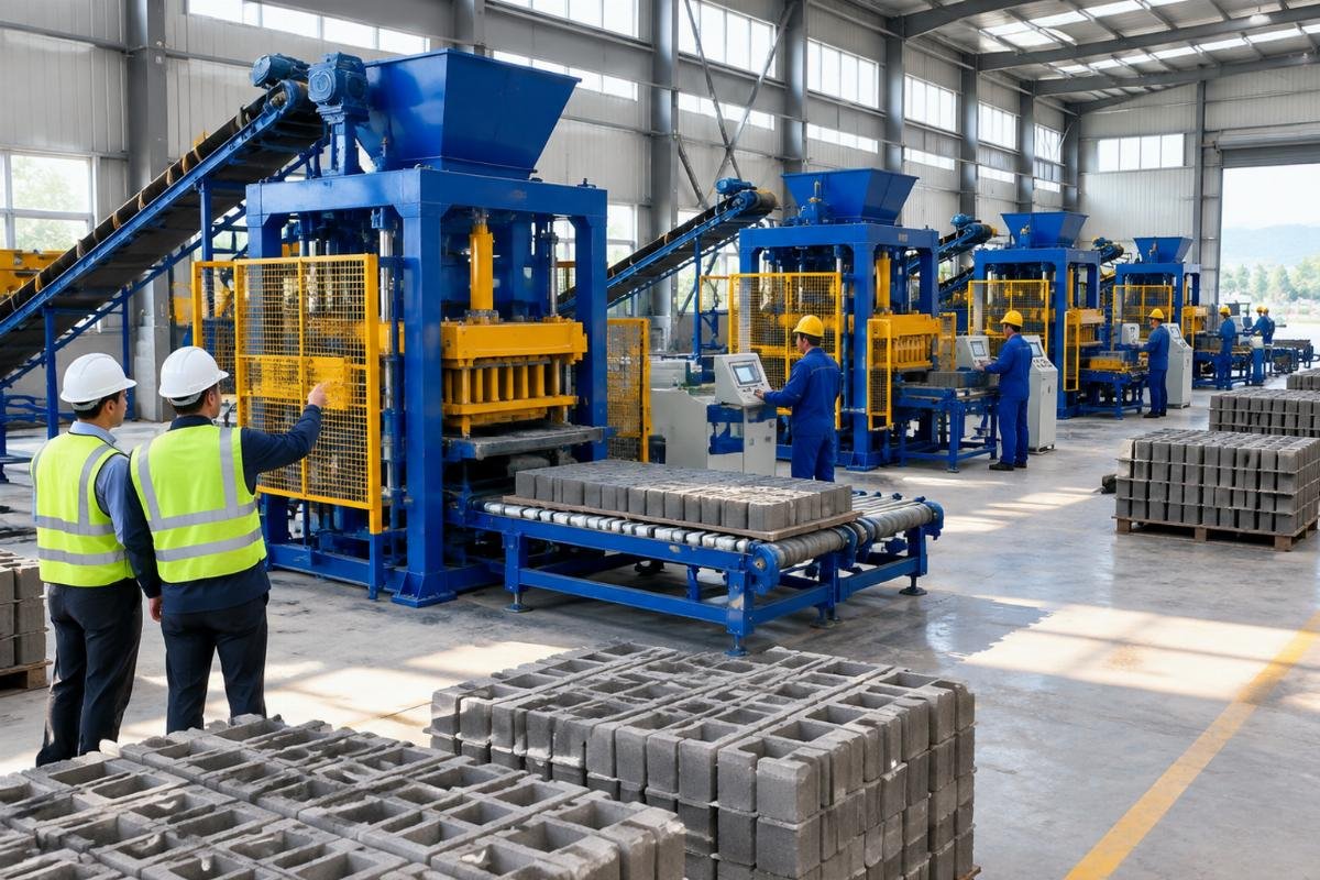 Engineers overseeing the simultaneous installation of multiple block making lines, demonstrating turnkey efficiency for a QT12-15 block machine manufacturer for Ethiopia govt projects