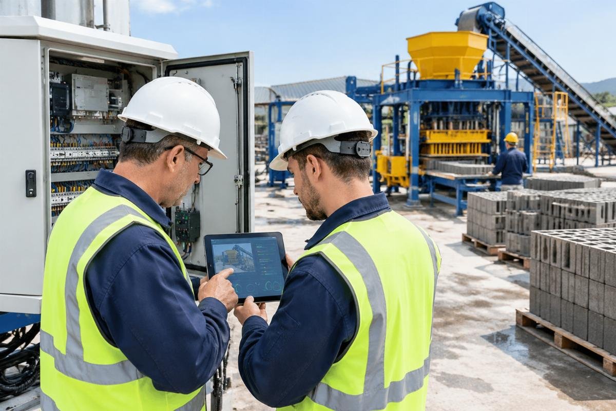 Engineers performing remote diagnostic checks on a block machine control panel via tablet in a field setting