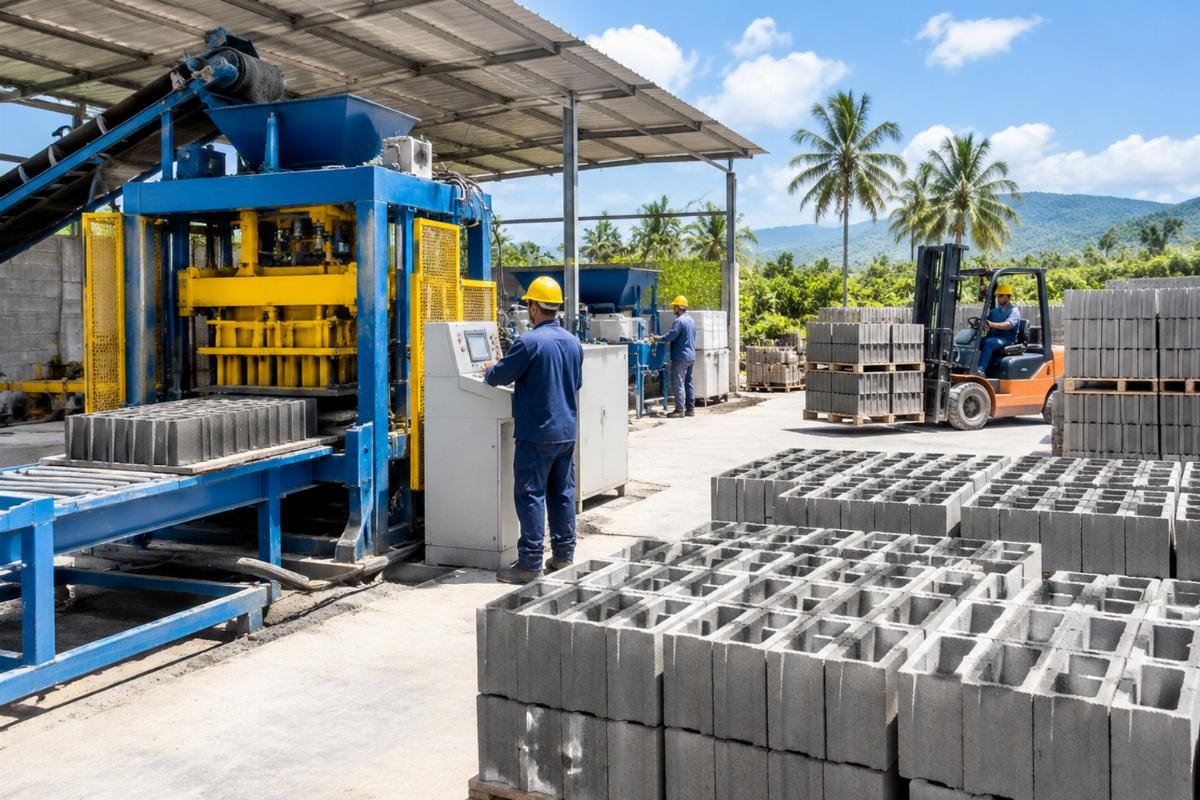 Finished concrete hollow blocks stacked in a yard in the Dominican Republic, produced by a Hollow Block Machine for Sale in Dominican Republic