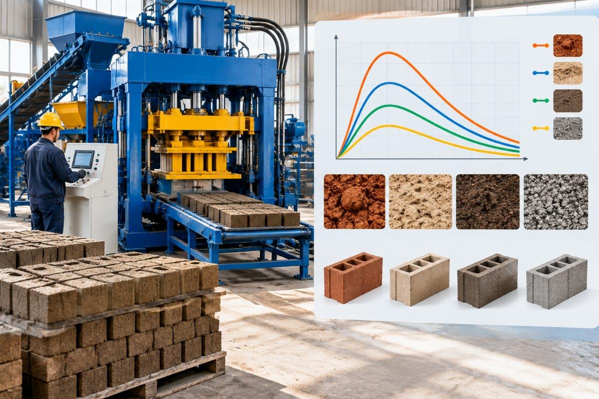 Graph illustrating optimal hydraulic pressure curves for different soil types in CEB manufacturing