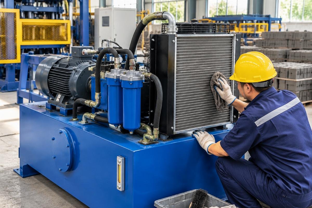 Hydraulic power unit of a QT series machine with visible oil filter and cooling radiator requiring regular cleaning