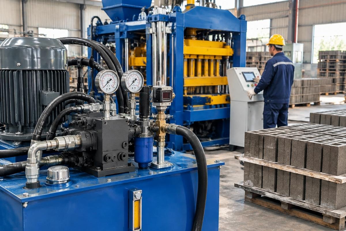 Hydraulic power unit with pressure gauges and oil temperature monitor on a block making machine