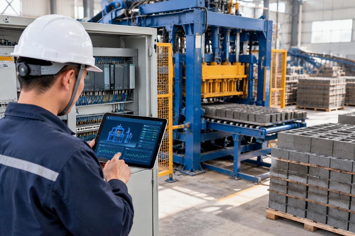 Illustration of a technician using a tablet to access remote diagnostic data from the block machine PLC