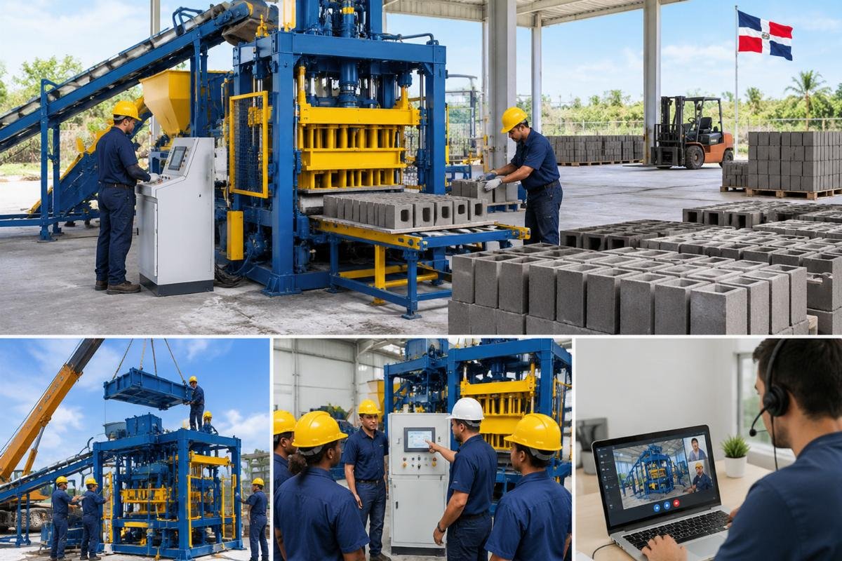 Illustration of a turnkey service process including installation, training, and remote support for a Hollow Block Machine for Sale in Dominican Republic